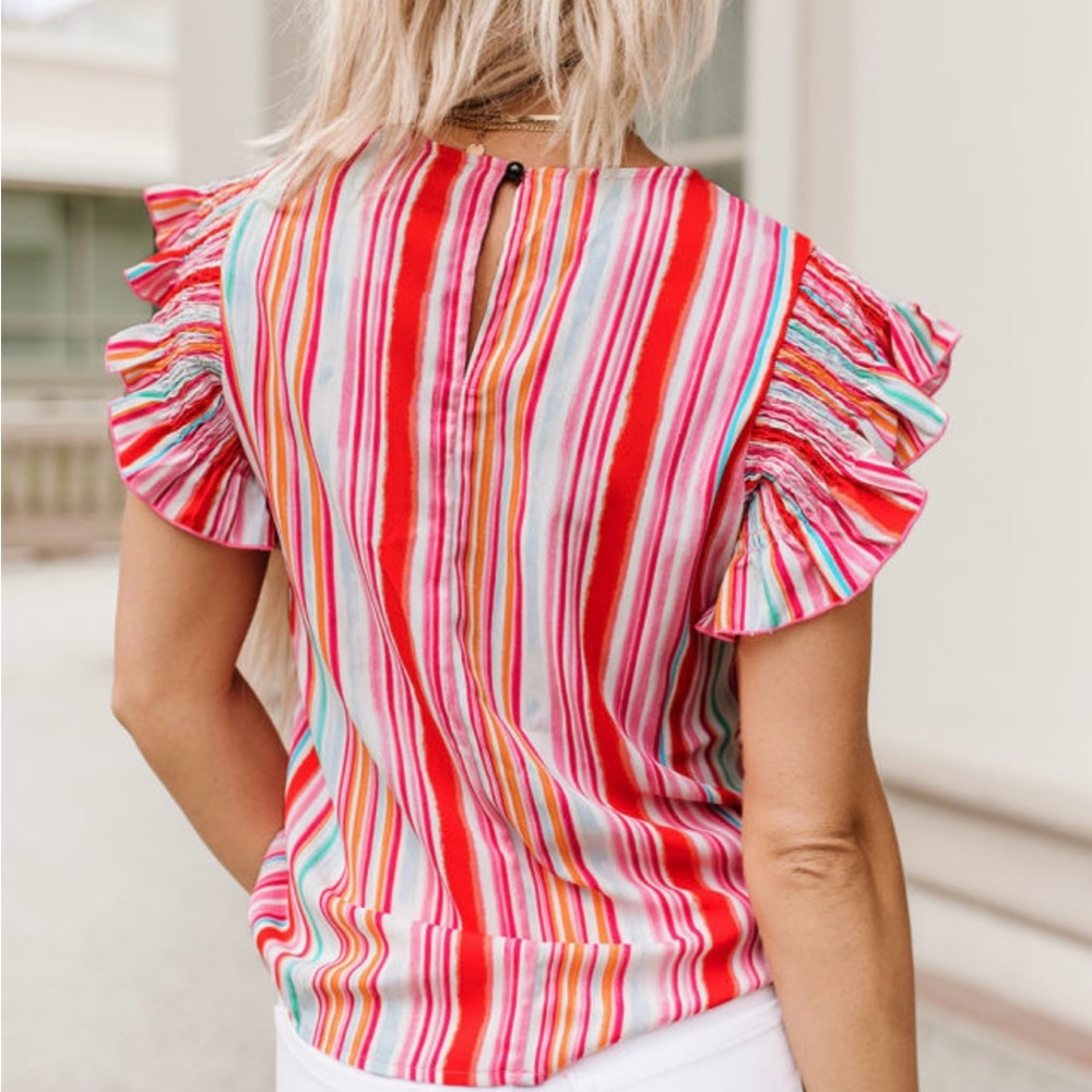 Striped Multicolor Ruffle Sleeve Top - Picture 2 of 2